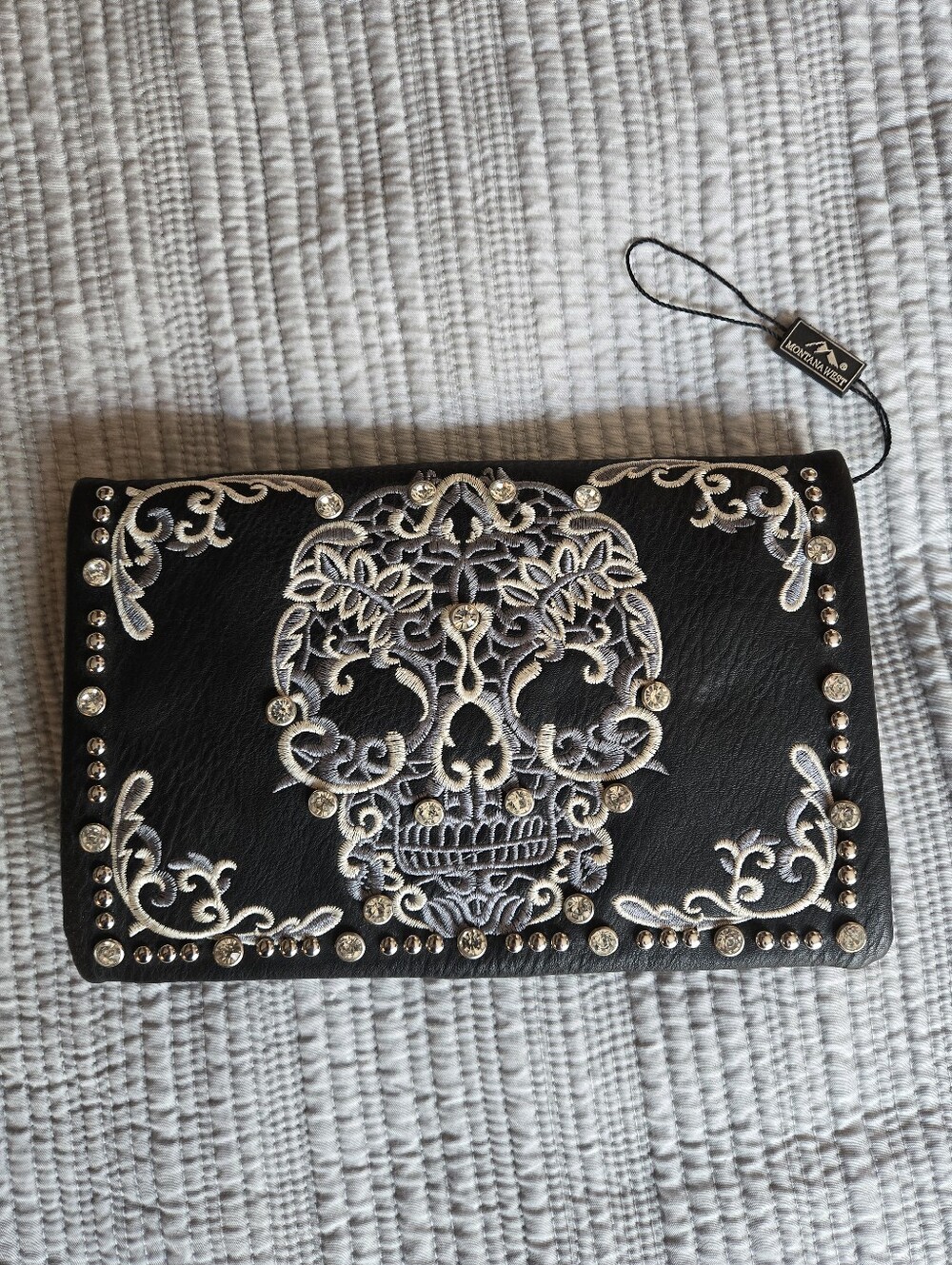 Montana West Black Wallet Clutch with Silver-White Embroidered Skull and Studs